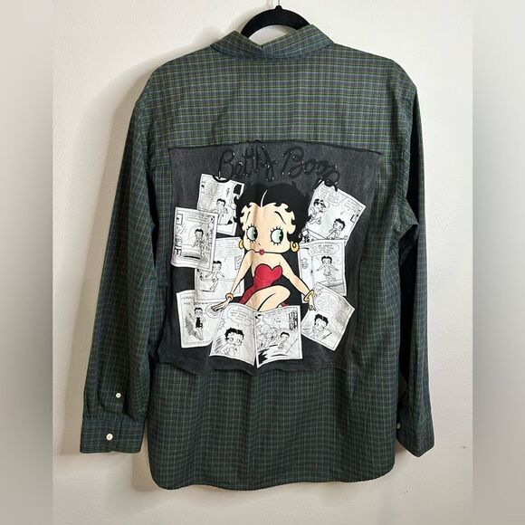 Jillysworld Betty Boop Upcycled Button Up Plaid Flannel Shirt - Picture 4 of 10
